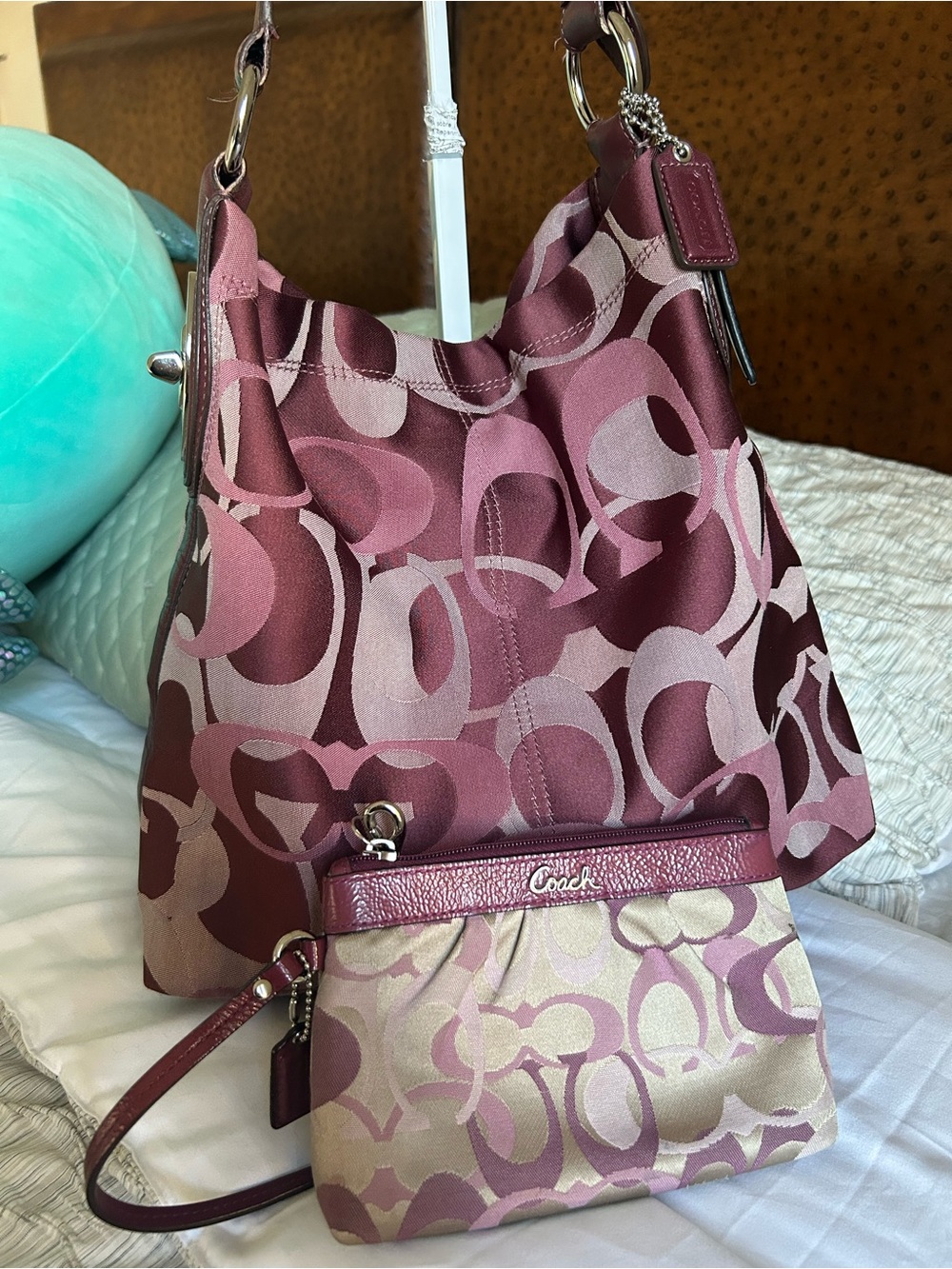 Coach Maroon and Pink Signature Shoulder Bag with Matching Wristlet